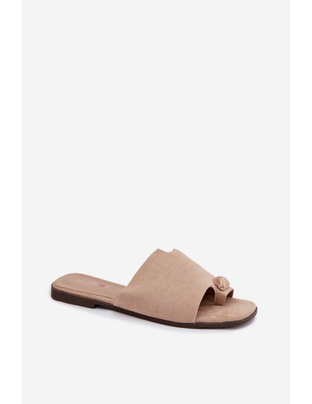 Women's Flat Decorative Detail Eco Suede Beige Slides Selavine