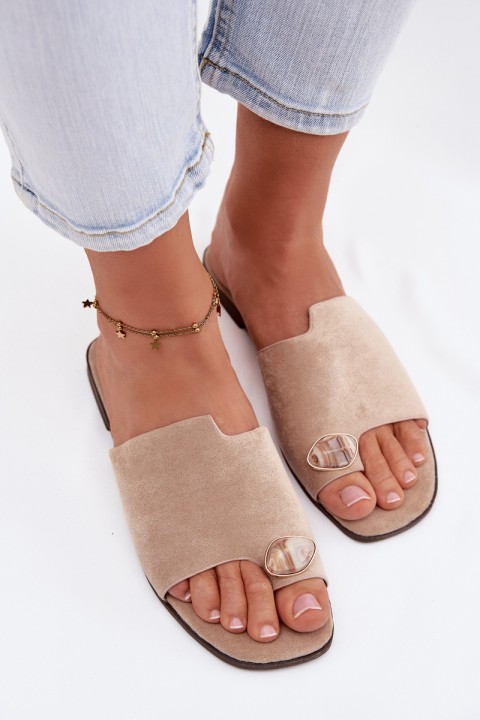 Women's Flat Decorative Detail Eco Suede Beige Slides Selavine