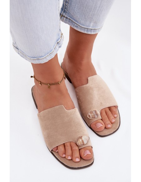 Women's Flat Decorative Detail Eco Suede Beige Slides Selavine