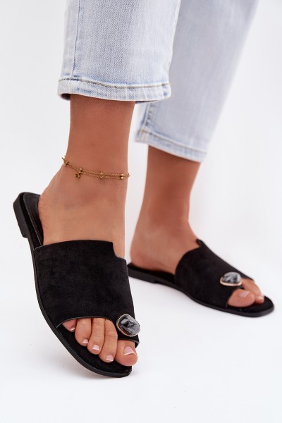 Women's Flat Decorated Eco Suede Black Slides Selavine