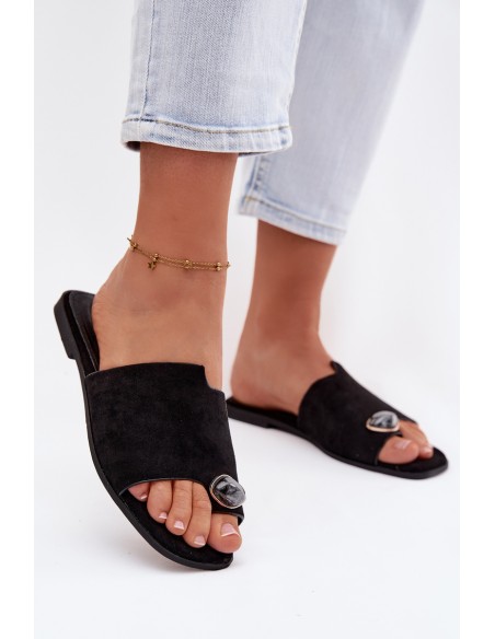 Women's Flat Decorated Eco Suede Black Slides Selavine