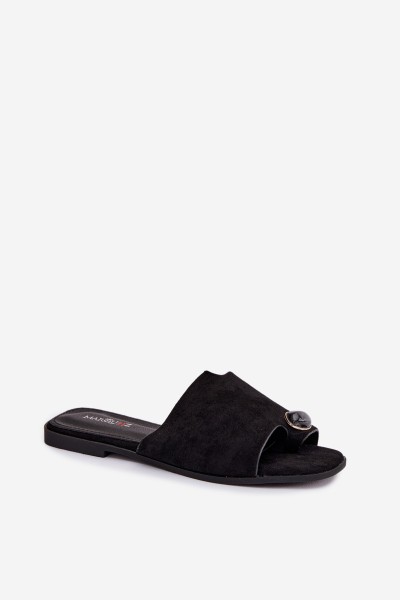 Women's Flat Decorated Eco Suede Black Slides Selavine 2