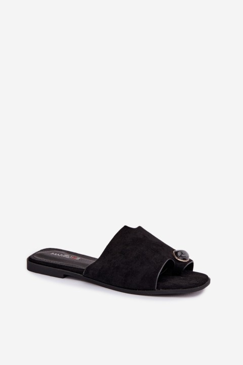 Women's Flat Decorated Eco Suede Black Slides Selavine
