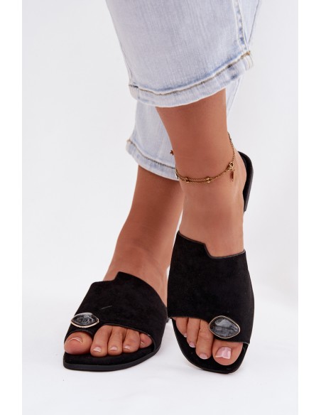 Women's Flat Decorated Eco Suede Black Slides Selavine