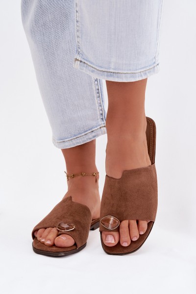 Women's Flat Decorated Eco Suede Brown Slides Selavine