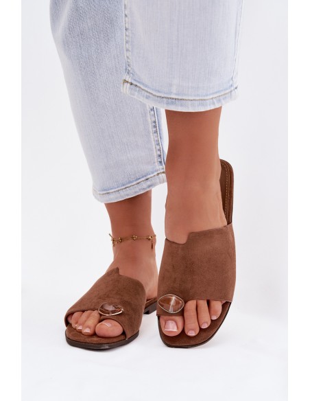 Moteriškos plokščiapadžiai dekoruotos ekologiškos zomšos rudos šlepetės „Selavine“