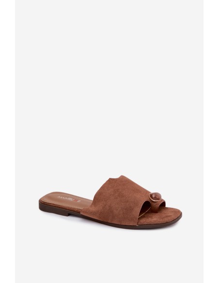 Women's Flat Decorated Eco Suede Brown Slides Selavine