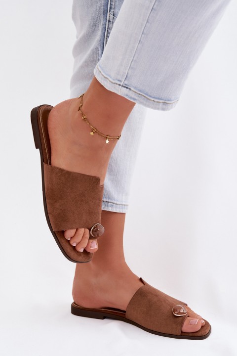 Moteriškos plokščiapadžiai dekoruotos ekologiškos zomšos rudos šlepetės „Selavine“