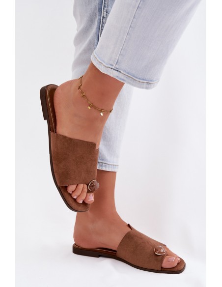 Women's Flat Decorated Eco Suede Brown Slides Selavine