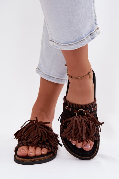 Women's Fringed Black Slides Glorinna