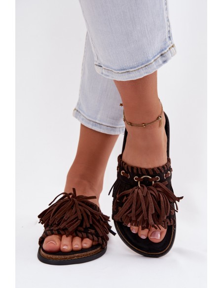 Women's Fringed Black Slides Glorinna