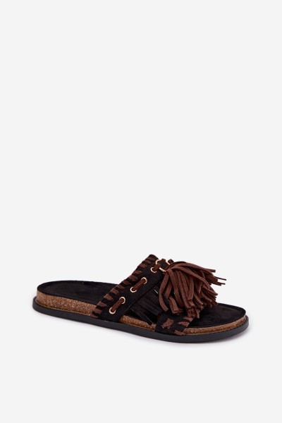 Women's Fringed Black Slides Glorinna 2