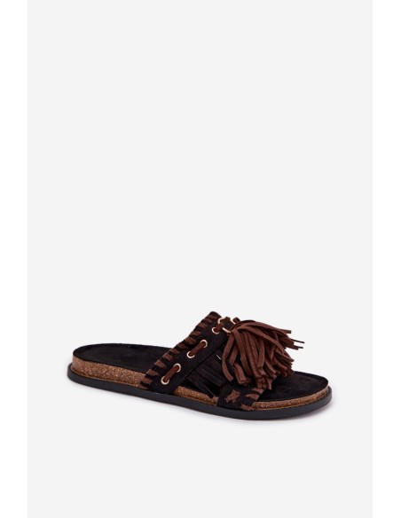 Women's Fringed Black Slides Glorinna