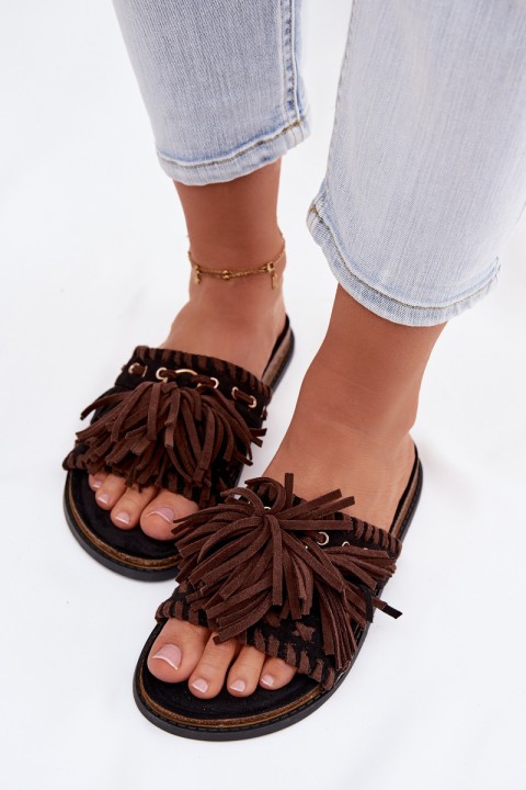 Women's Fringed Black Slides Glorinna
