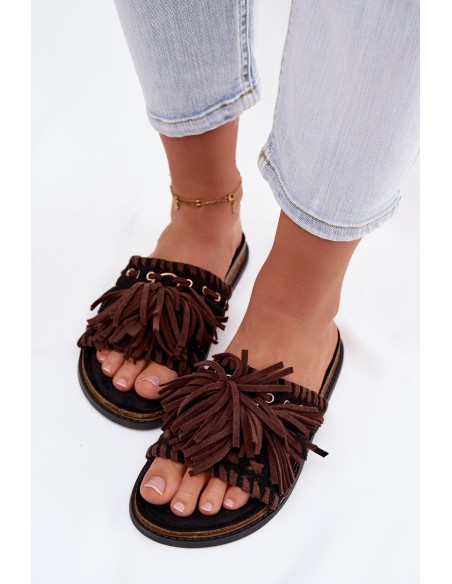 Women's Fringed Black Slides Glorinna