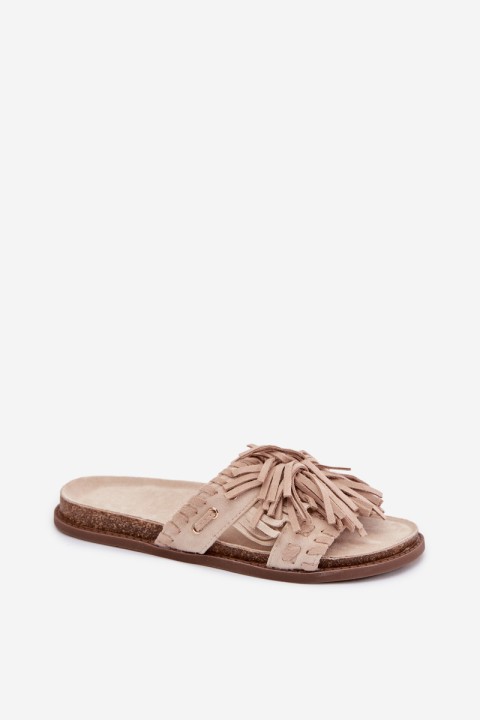 Women's Beige Fringed Slides Glorinna