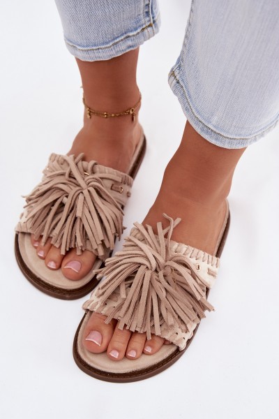 Women's Beige Fringed Slides Glorinna 2