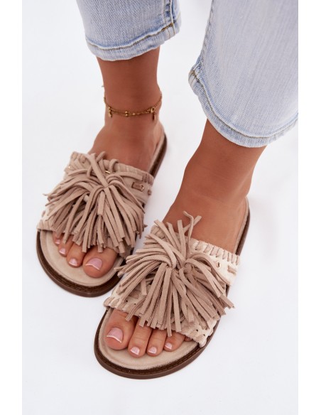 Women's Beige Fringed Slides Glorinna