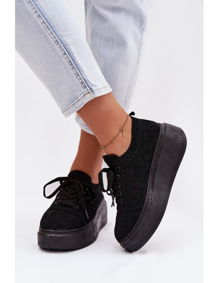 Women's Crochet Sneakers Platform Black Evalora