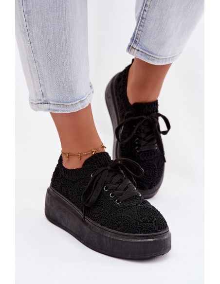 Women's Crochet Sneakers Platform Black Evalora