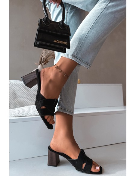 Women's Block Heel Sandals With Straps Eco Suede Black Corivelle