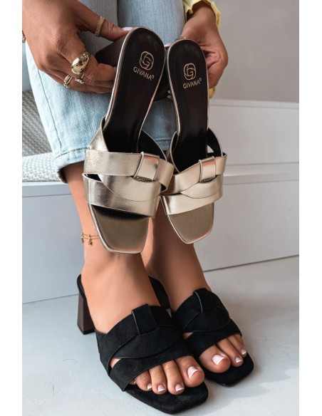 Women's Block Heel Sandals With Straps Eco Suede Black Corivelle