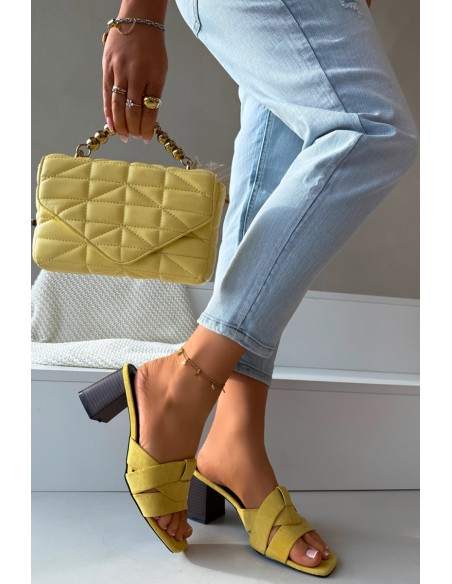 Women's Block Heel Sandals With Straps Eco Suede Yellow Corivelle