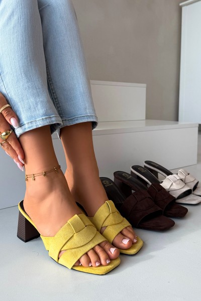 Women's Block Heel Sandals With Straps Eco Suede Yellow Corivelle 2