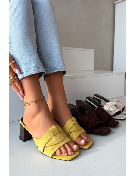 Women's Block Heel Sandals With Straps Eco Suede Yellow Corivelle