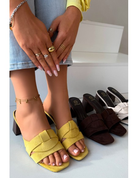 Women's Block Heel Sandals With Straps Eco Suede Yellow Corivelle