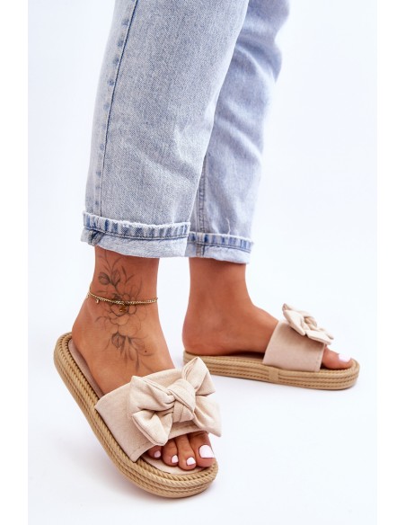 Women's Suede Slippers With Bow Beige Fency