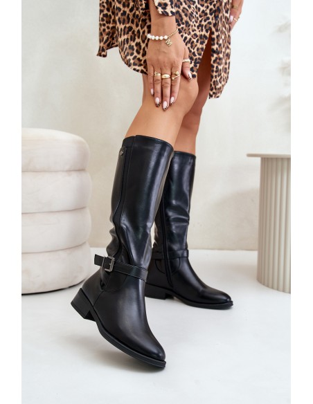 Women's insulated boots on flat heels with gold buckle black Arsisna