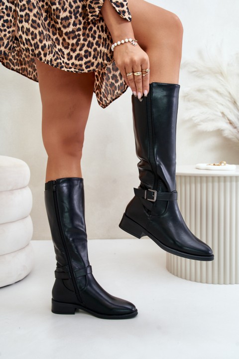 Women's insulated boots on flat heels with gold buckle black Arsisna
