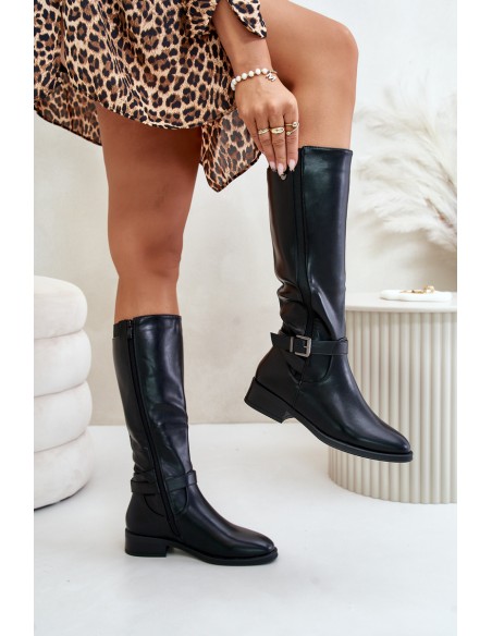 Moteriški pašiltinti batai plokščiais kulnais su auksine sagtimi, juodi Arsisna