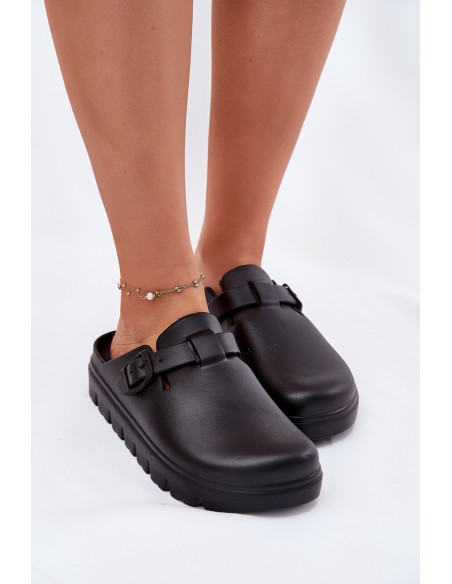Women Foam Slippers With Strap And Buckle Black Larinie