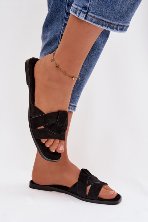 Moteriškos plokščiapadės basutės su dirželiais, ekologiškos zomšos, juodos, „Florane“