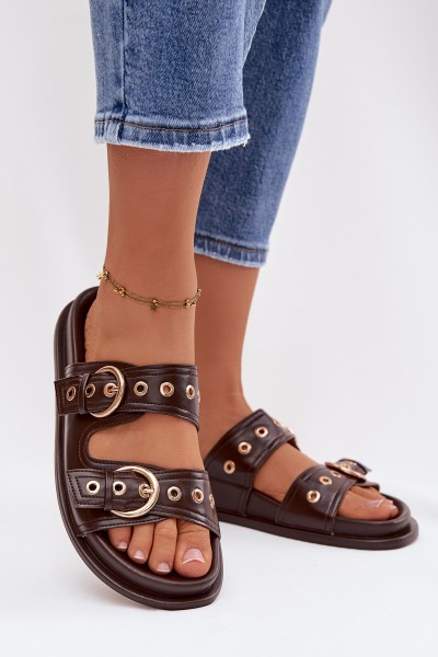 Women's Eco Leather Chocolate Flat Sandals With Gold Buckles Bellarya
