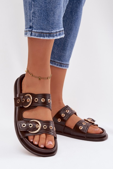 Women's Eco Leather Chocolate Flat Sandals With Gold Buckles Bellarya