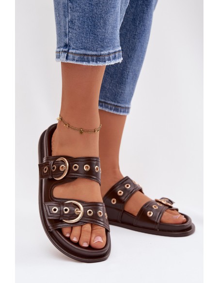 Women's Eco Leather Chocolate Flat Sandals With Gold Buckles Bellarya