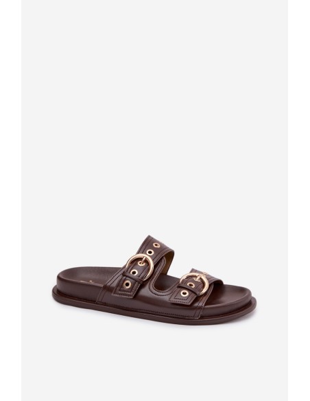 Women's Eco Leather Chocolate Flat Sandals With Gold Buckles Bellarya