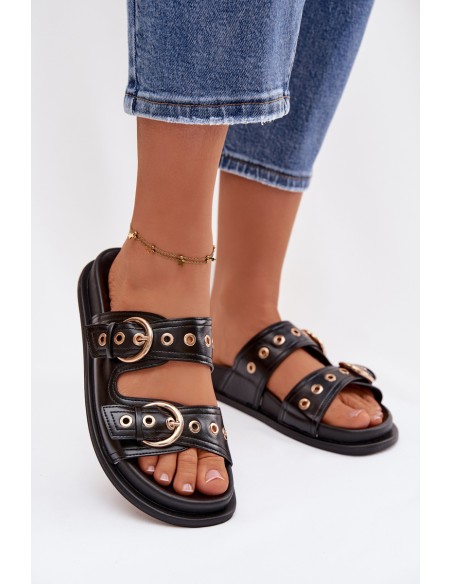 Moteriškos juodos ekologiškos odos šlepetės su auksinėmis sagtimis Bellarya