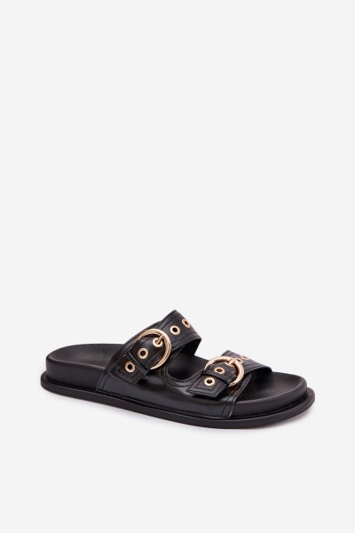 Women's Eco Leather Black Slides With Gold Buckles Bellarya 2