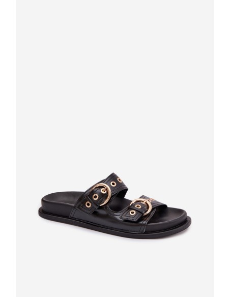 Women's Eco Leather Black Slides With Gold Buckles Bellarya