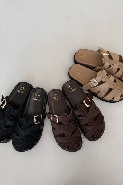 Women's Slides With Straps And Gold Buckle Dark Beige Roselisse 2