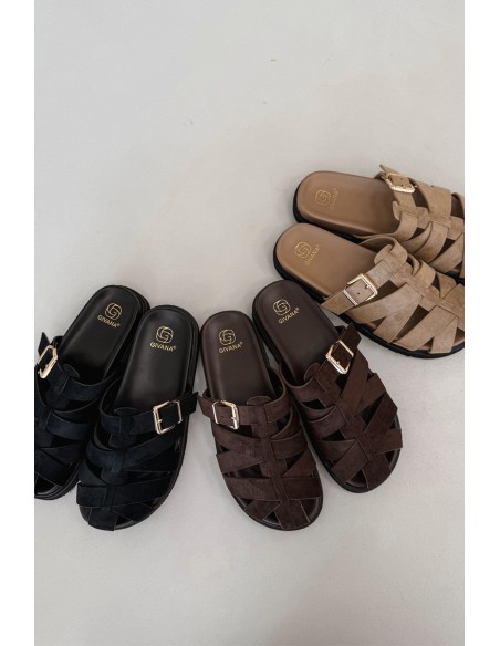 Women's Slides With Straps And Gold Buckle Dark Beige Roselisse