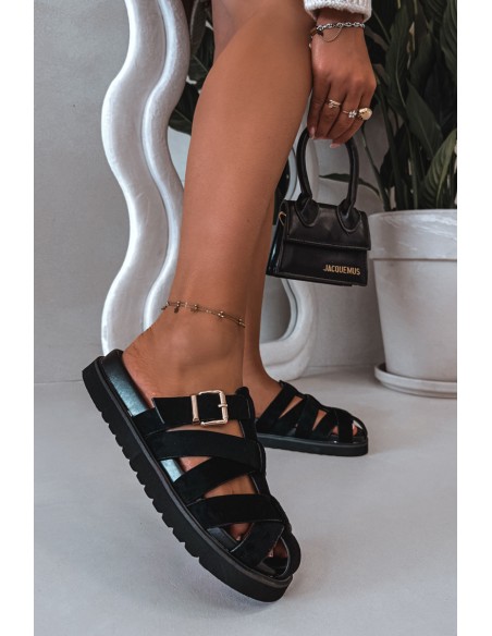 Women's Strappy Black Roselisse Slides with Gold Buckle