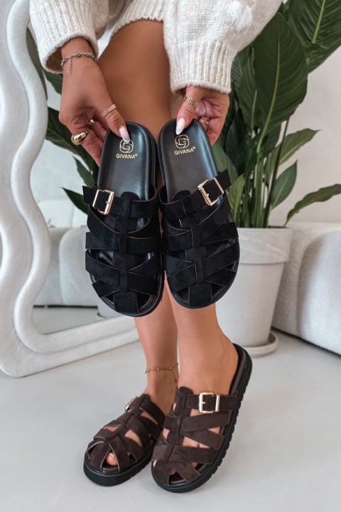 Women's Strappy Black Roselisse Slides with Gold Buckle