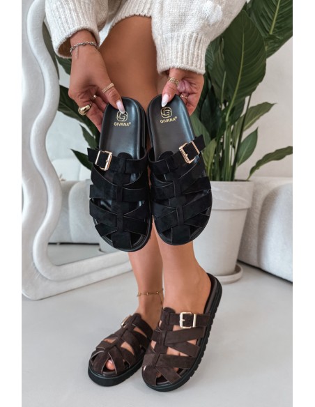 Women's Strappy Black Roselisse Slides with Gold Buckle