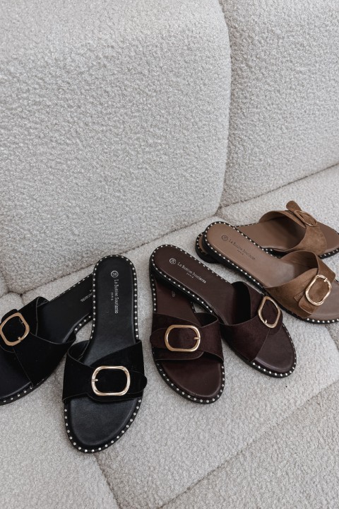 Moteriški bateliai plokščiapadžiai su auksine sagtimi, juodos spalvos „Selivelle“