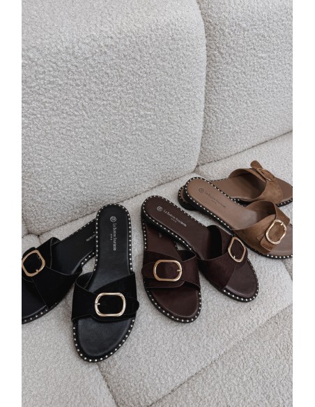 Women's Flat Heeled Shoes With Gold Buckle Black Selivelle